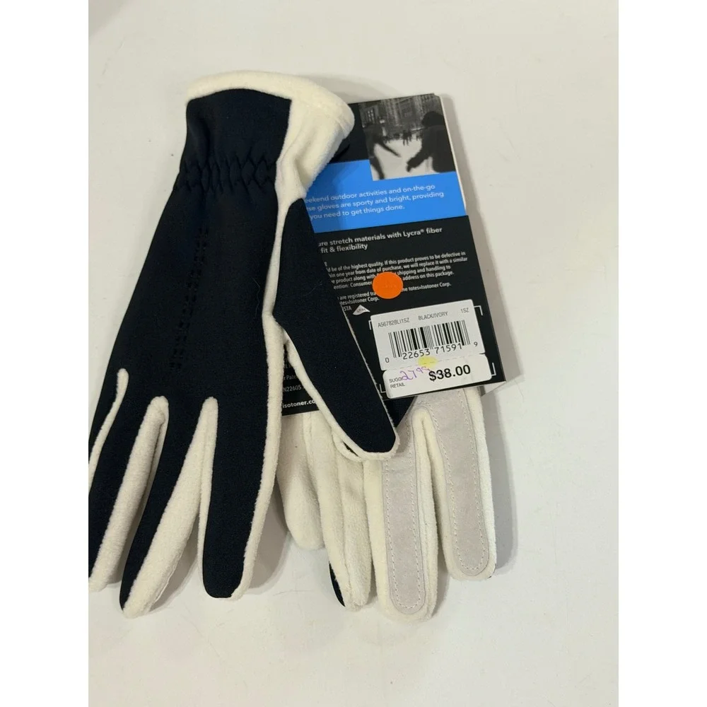 Isotoner Signature Womens Active Stretch Gloves Black Ivory Lycra One Size‎ NWT